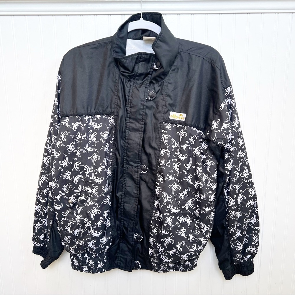 Ellesse Black & White Floral Vintage 80s Streetwear Windbreaker Jacket Size 14